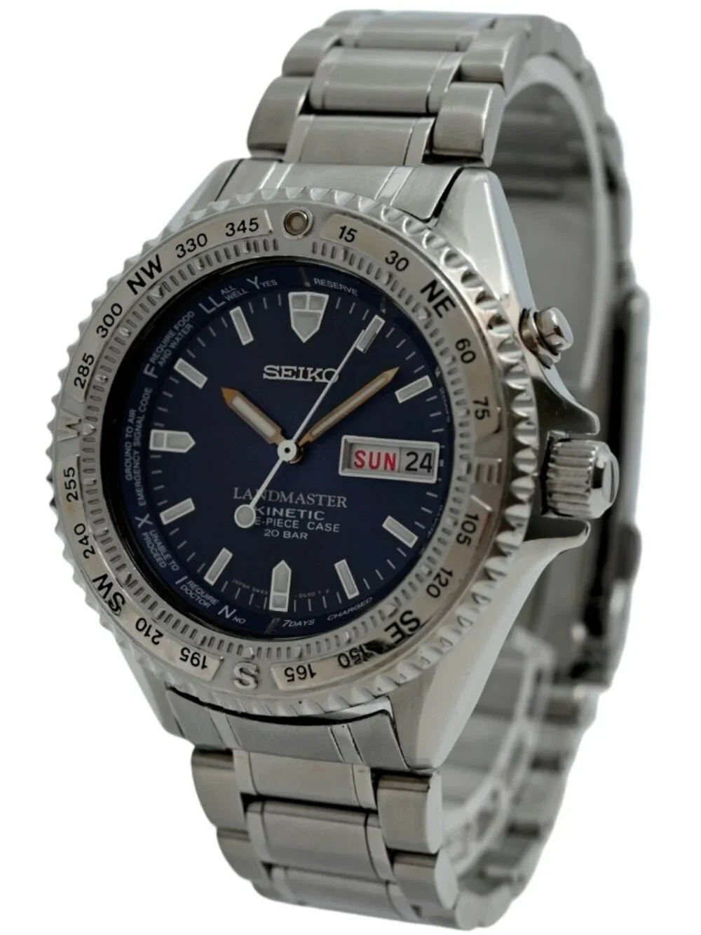 Seiko 41mm Men's Kinetic Landmaster One Piece Case SBCW019 Blue Watch 5M43-0E80!